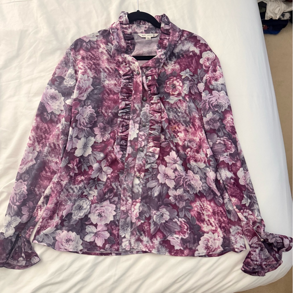 St. John Floral Ruffled Button Down Size 14